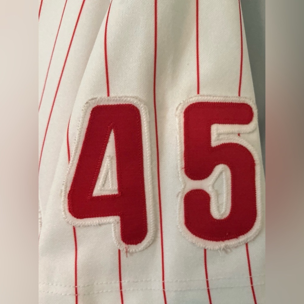 Vintage Phillies White Pinstripe Baseball Jersey with Red Script Boskie 45 - Picture 4 of 8